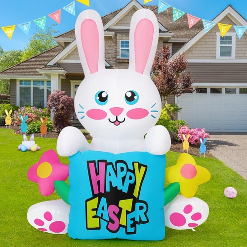 5.2 FT Easter Inflatables Bunny Holding Pillow Outdoor Decorations Blow Up Sp...