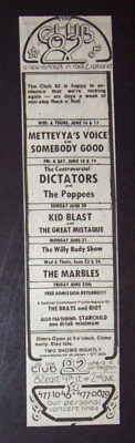 The Dictators, Marbles, The Brats, Club 82, NYC 1976 Mini Poster Type Concert Ad