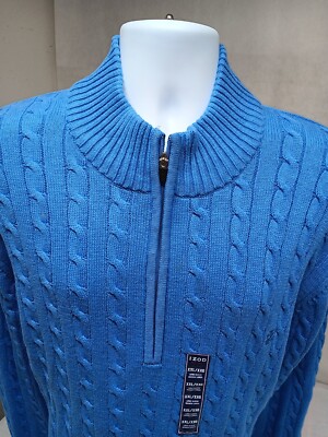 IZOD HIGH NECK SWEATER MENS XXL DARKER LIGHT BLUE CABLE KNIT 1/4 ZIP SWEATER NWT