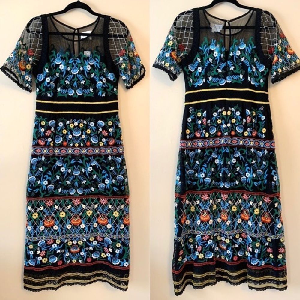 RARE Anthropologie Esther Bohemian Embroidered Midi Dress Size 4