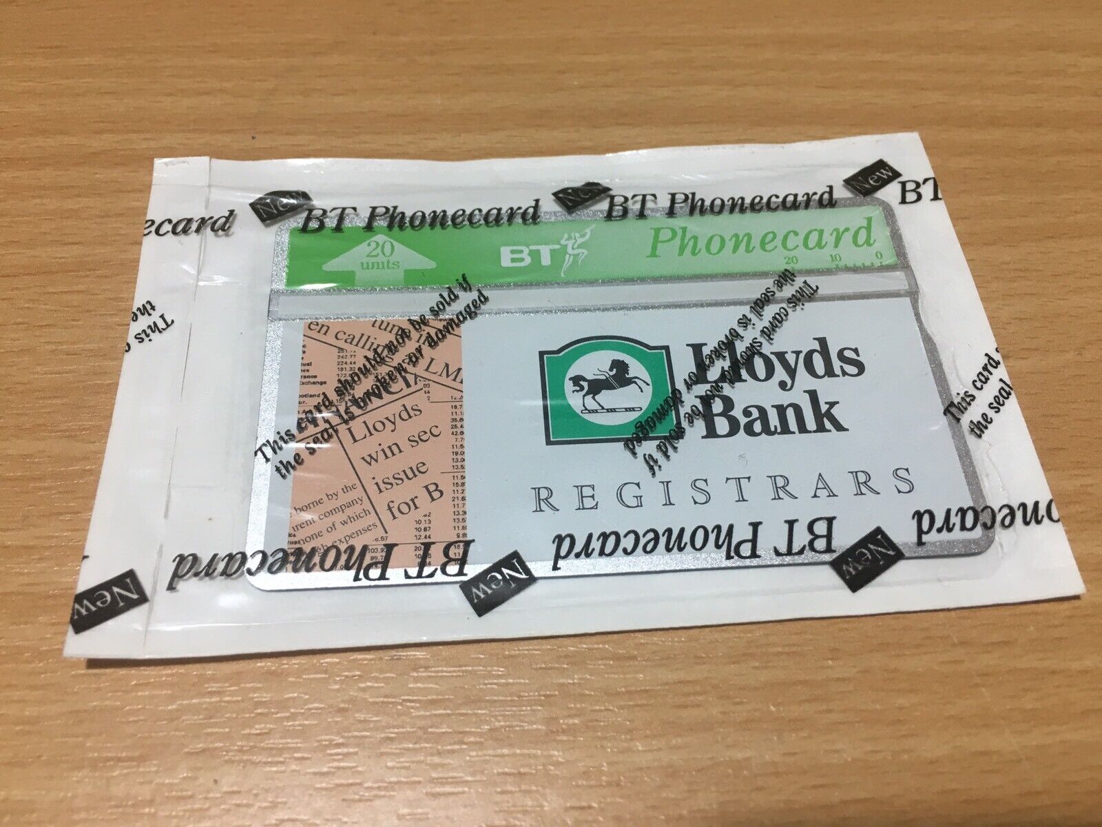 Rare Vintage 1991 Lloyds Bank Registrars BT Optical Phonecard Sealed 20 Unit UK