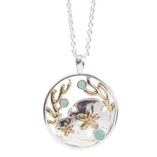 Sea Life Theme Seaglass Round Pendant Necklace White Gold