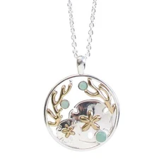 Sea Life Theme Seaglass Round Pendant Necklace White Gold