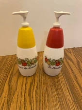 Set Vintage Corning Spice of Life Mustard and Ketchup Milk Glass Dispensers
