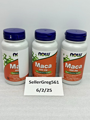 NOW FOODS Maca 500 mg 100 Veg Capsules Each (3 BOTTLES) EXP 08/2027