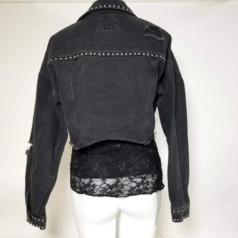 Abrigo Chaqueta Vaquera Forever 21 Jean S Negro Envejecido Tachuelas Bling Gótico Punk Alt Foto 2 de 4