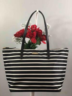 Liked New~KATE SPADE Lida May Street Black/White Stripe NylonTote