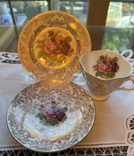 Lot o 3 Floral Vintage 1930s Atlas China USA Warranted 22K Gold Pink Rose Flower