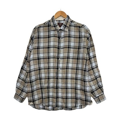 Hickey Freeman Shirt Mens Large Brown Italian Linen Plaid Button Up Lightweight