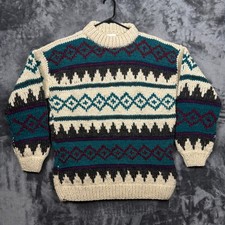 Runa Maki Wool Sweater Mens Large Cream Teal Geometric Hand Knit Ecuador