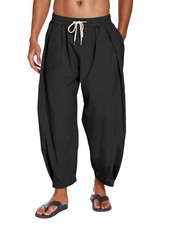 Mens Cotton Linen Harem Pants Drawstring Casual Cropped Beach Yoga Trousers