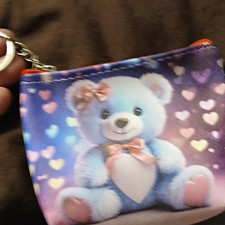 Girls Purple Teddy Bear Hearts Zip-Around Coin Wallet Pouch w/ Zipper Accent