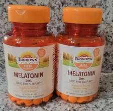 2 Sundown Natural Melatonin 5 mg, Drug-Free Sleep Aid, 90 Coated Tablet Exp 7/27