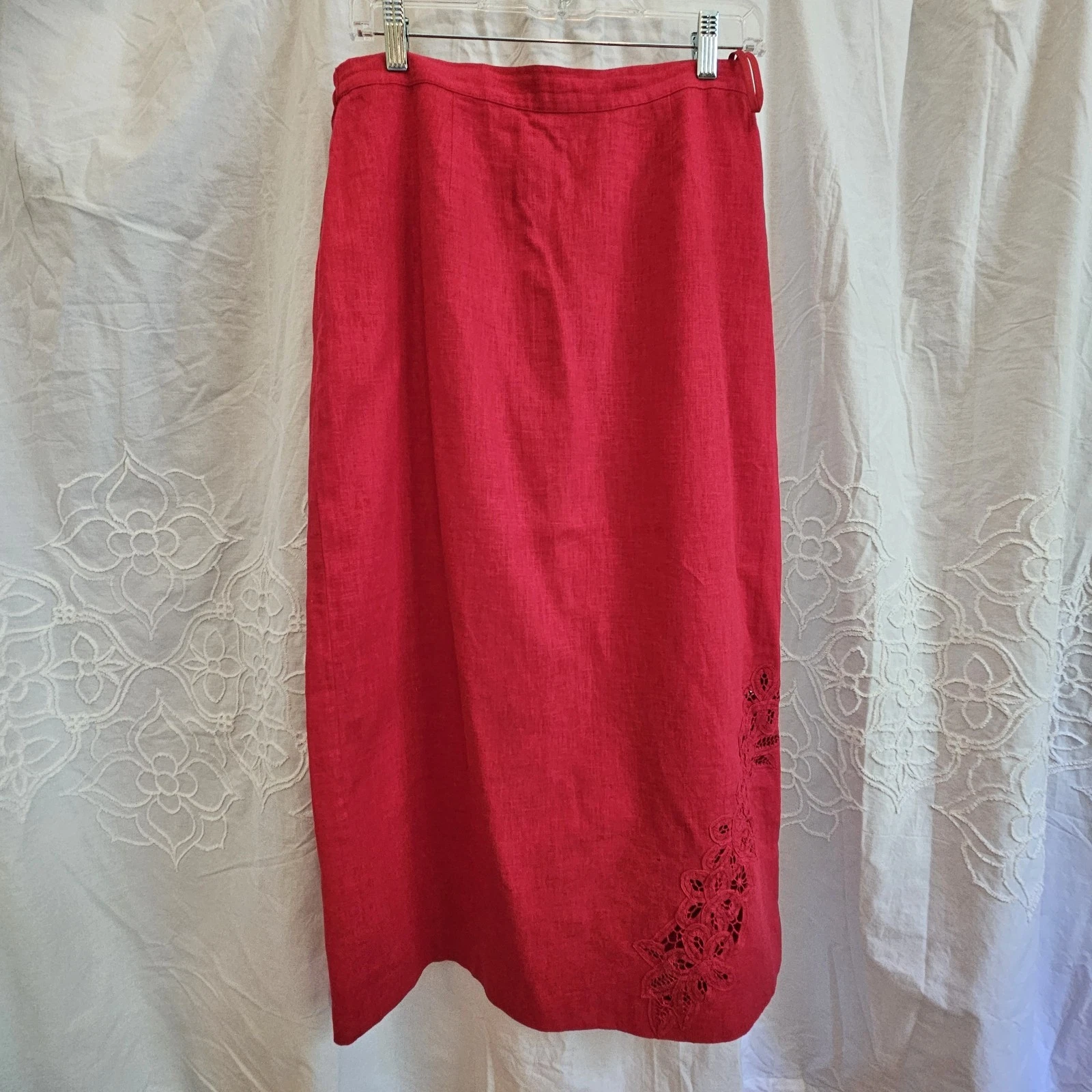 I.S.C. Pencil Skirt Womens Size PM Red Battenburg Lace Linen Midi Elastic VTG