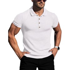 New Summer Men's Solid Stripe Elastic Polo Shirt Casual Fitness Top Short Sleeve