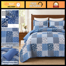 Boho King Size Quilt Set - 3 Piece Plaid Floral Reversible Bedspread Coverlet 90