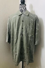 Jamaica Jaxx Men's Vacation Shirt Sz L 100% Silk, Sage Green Jacquard Impression