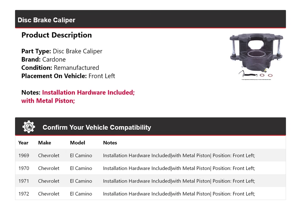 Pinza de freno de disco delantera izquierda cardone 1970 para Chevrolet El Camino 1969-1972 Foto 2 de 4