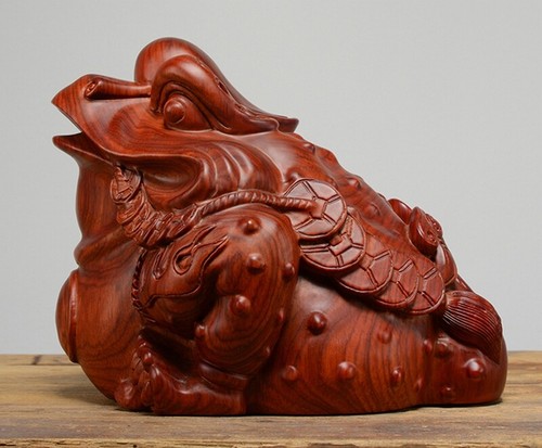 Rosewood Carved 3 Legged Toad Statue Lucky Frog Feng Shui Decor - Picture 3 of 7