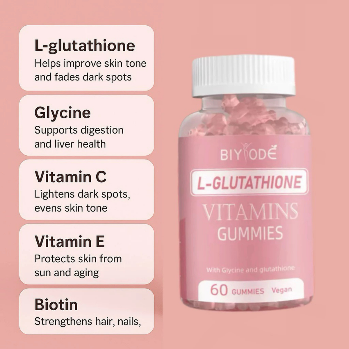 BIYODE Glutathione Gummies Vegan Skin Glow with Biotin L-Glutathione VitC  60' | eBay