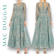 MAC DUGGAL Women s Embellished Bow Belt Illusion Long Sleeve A-Line Dress In 10