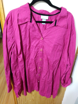 LIZ & ME 5X(34/36) FUSHIA LONG SLEEVE BUTTON DOWN V-NECK SHIRT#43B