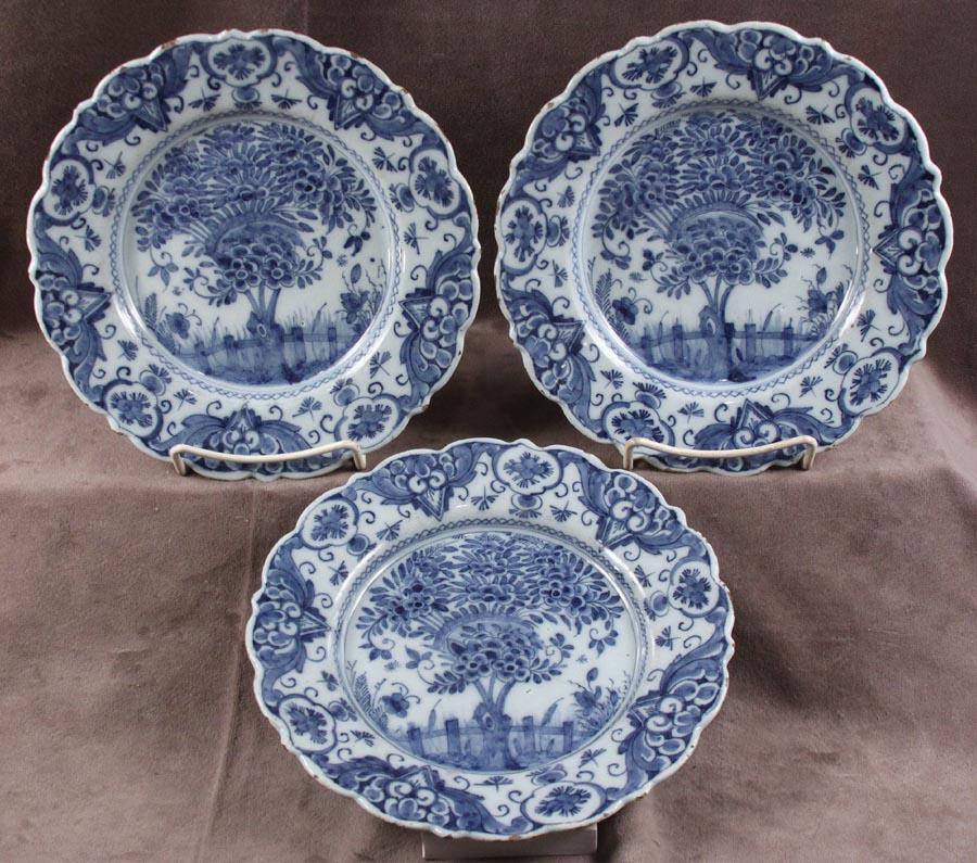 3 Antique 18th C. Dutch Delft Blue & White Plates in the Tea Tree