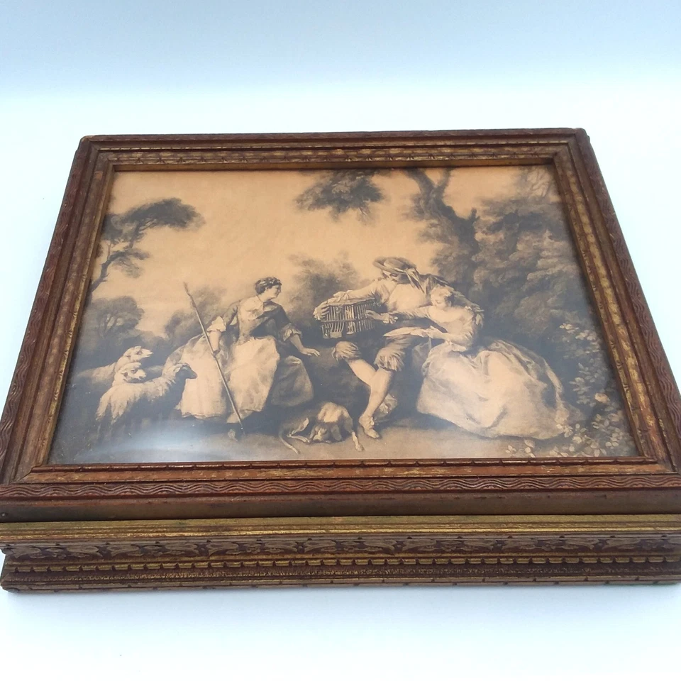 Joyero tallado ornamentado estampado victoriano enmarcado vintage espejado 11x9" Foto 3 de 4