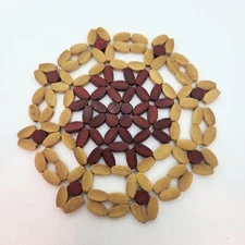 Boho Bamboo Wood Beaded Floral Circle Trivet Hot Plate Woven 