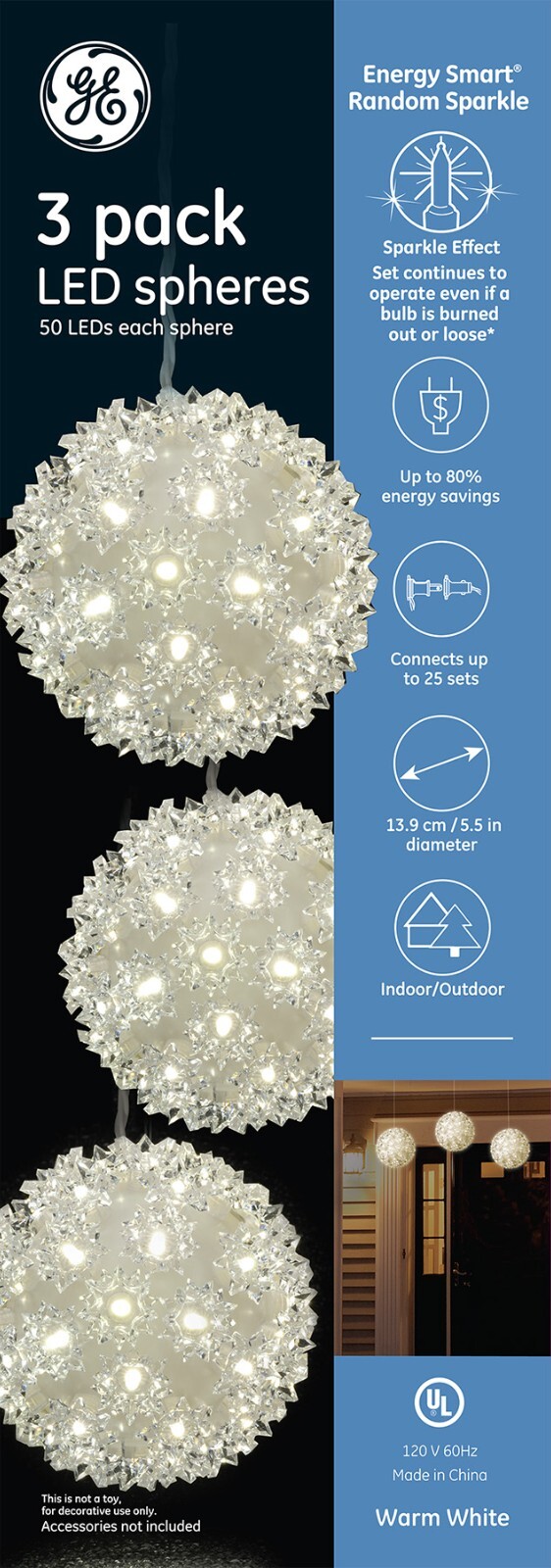 GE 3 PACK SPHERES 50 LEDS IN EACH 5.5" SPHERE, WARM WHITE *DISTRESSED