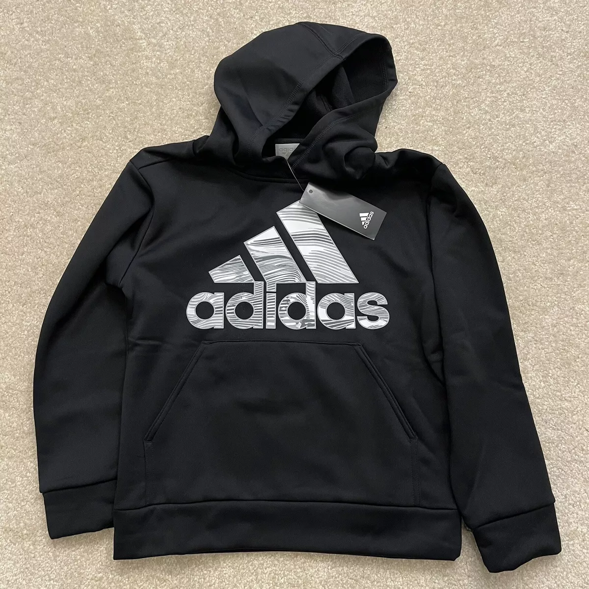 NEW Adidas Sweater Youth Small Black Gray White Pullover Hoodie Sweatshirt Boys |