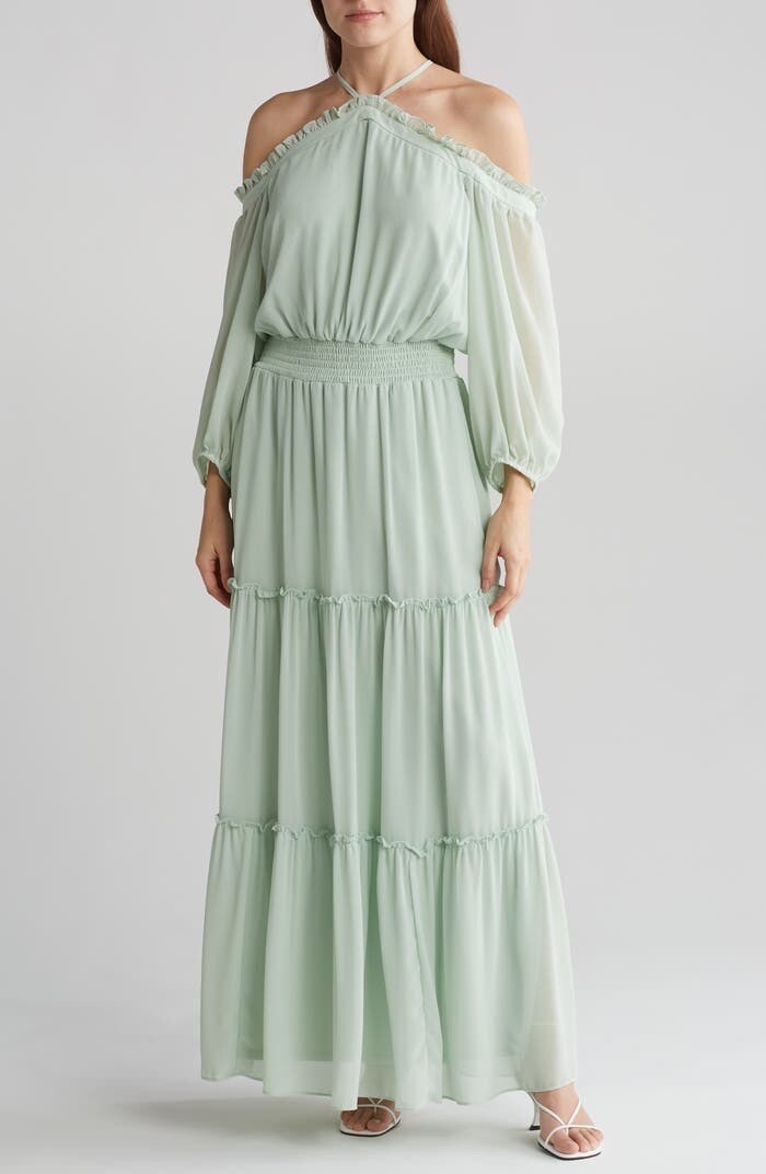 halter cold shoulder dress Halogen Long Sleeve Maxi in Subtle Grey at Nordstrom Rack, Size Medium Color_Greens