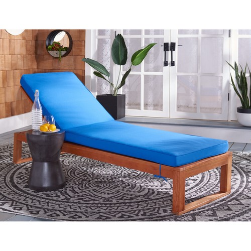 SAFAVIEH Outdoor Collection Solano Chaise Sunlounger | Natural Wood/Royal Blue | - Picture 1 of 12