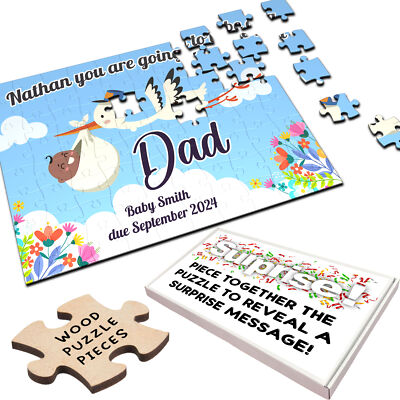 Papa Schwangerschaftsankündigung Geschenk Storch dunkle Haut Baby individuelles Holzpuzzle