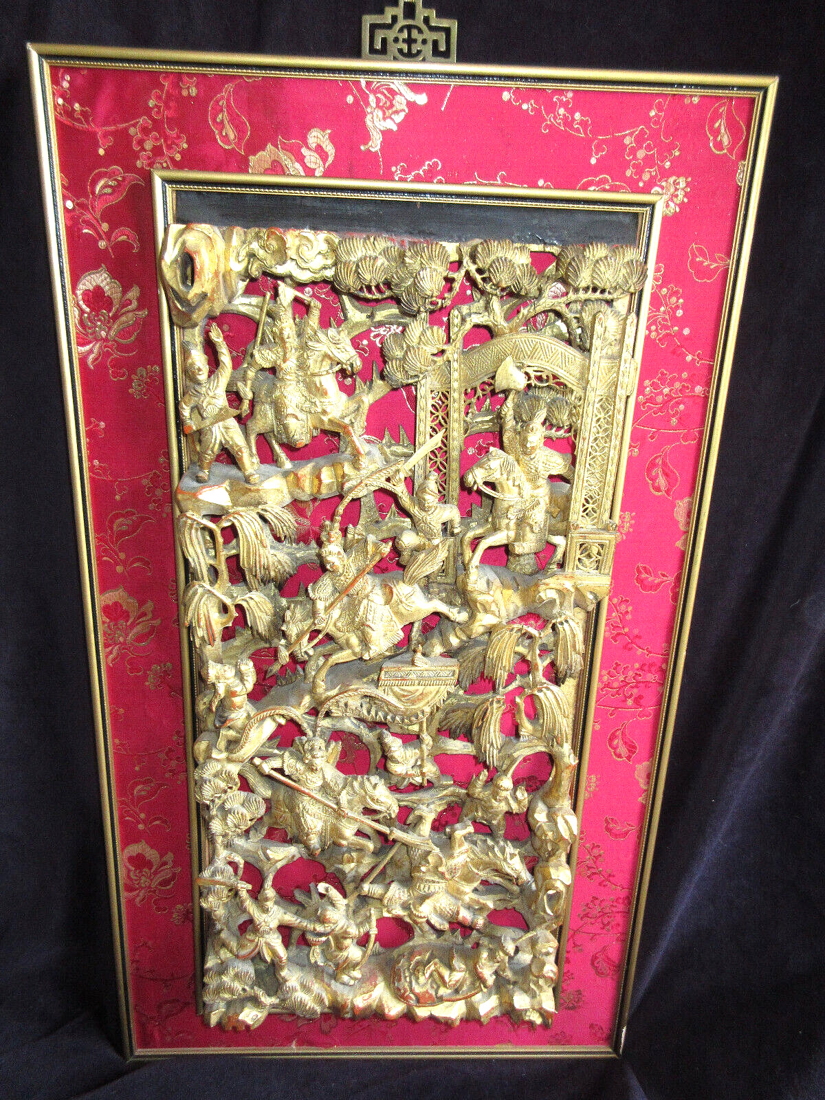 Antique Chinese Temple Relief Gold Gilt Battle Scene Hand Carved Wood XSR