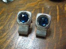 Swank 1970's Mesh Wrapped Silver Cuff Links - Vintage Silver Blue Rhinestone