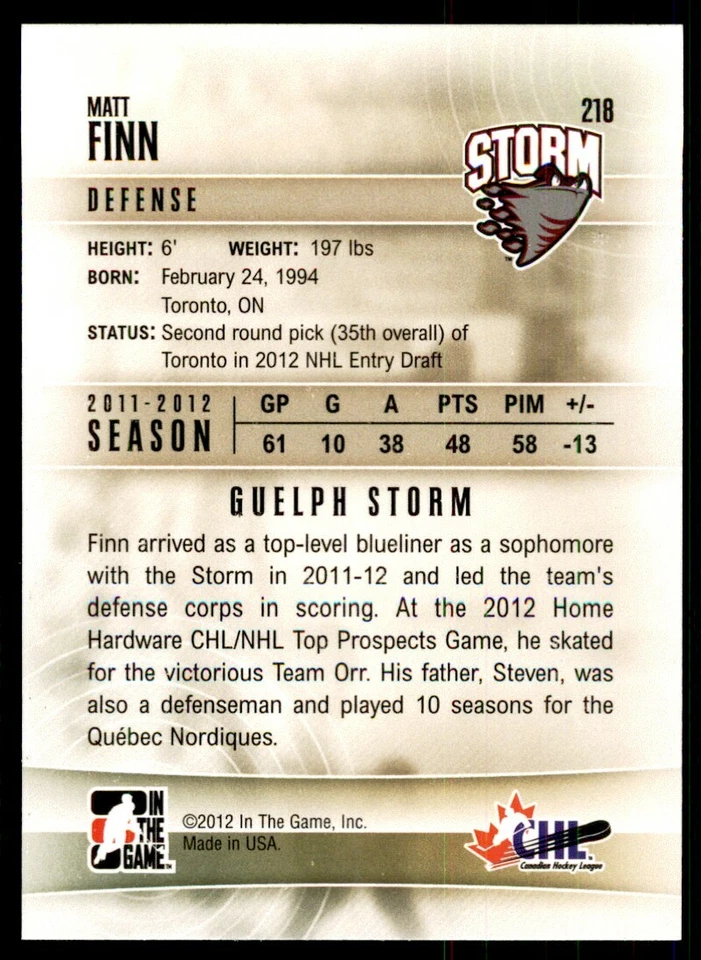 2011-12 In The Game Heroes & Prospects Update Matt Finn Guelph Storm #218 - Image 2 of 2