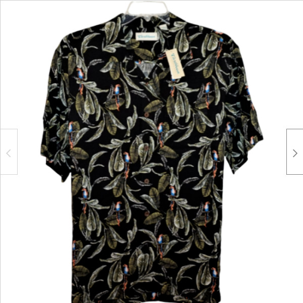 $69 Мужская рубашка из карибского шелка с коротким рукавом Palm Tree, черные цветочные джунгли ,L