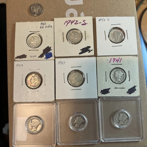 Ten Mercury Dimes Including 1916 & 1923; Others In The 30’s And 40’s, 1942 UNC