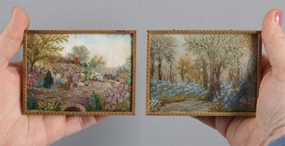 EXCEPTIONAL Pair Antique MINIATURE Needlework EMBROIDERY Landscape Pictures