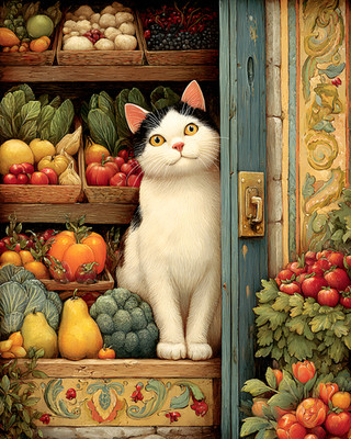 8x10 Cozy Storybook Cat Sitting on Wooden Crate Art Print Heritage - 250064891