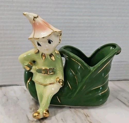 Vintage Shawnee Pixie Elf Sitting on Green Shoe Planter gold accents