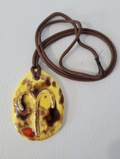 Vtg 60's Handmade Handpainted Ceramic Aries Zodiac Hippie Retro Pendant Necklace