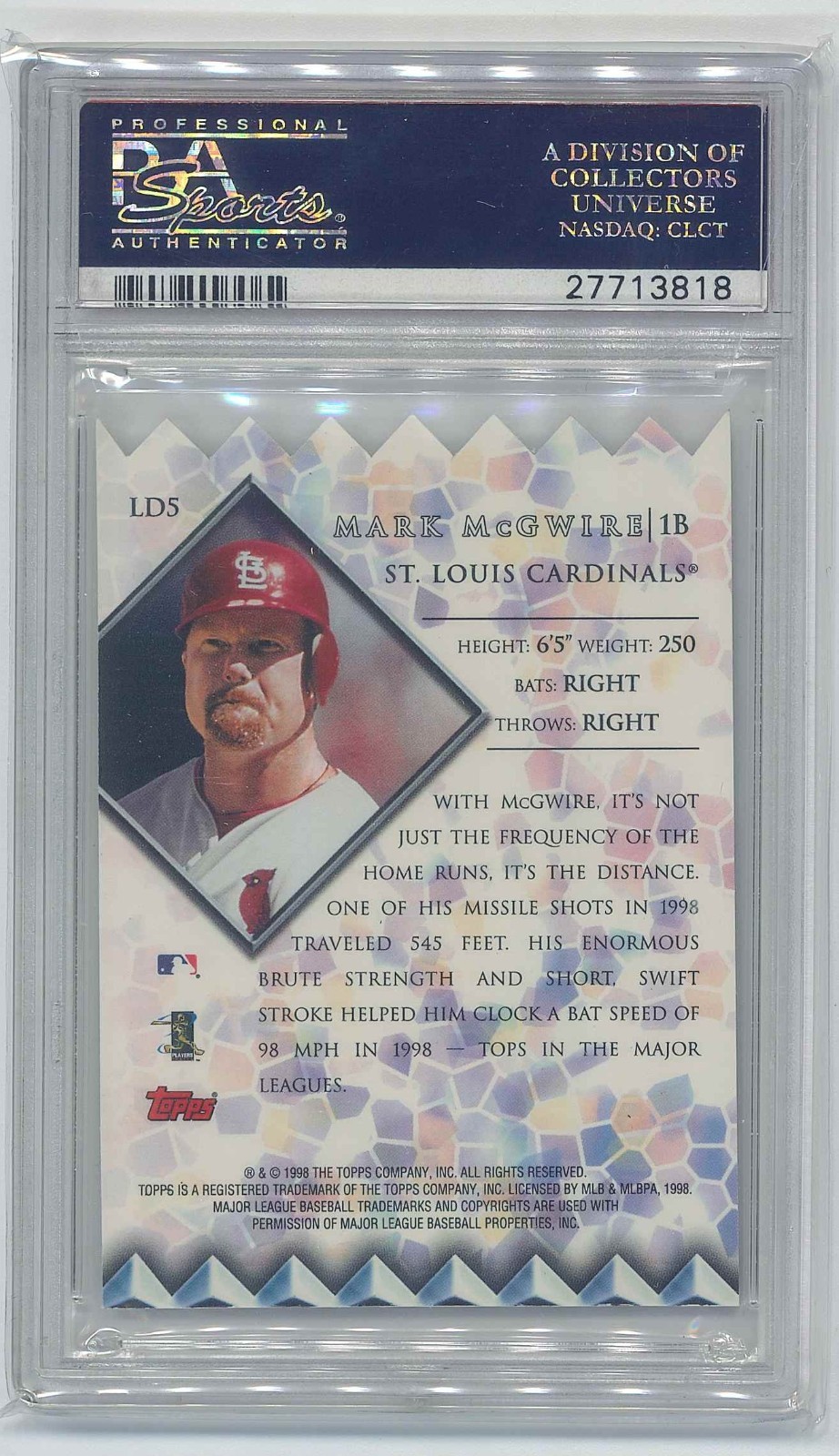 1999 Topps Mark McGwire Lords of the Diamond PSA 10 Die-Cut #LD5 Cardinals Gem view 2