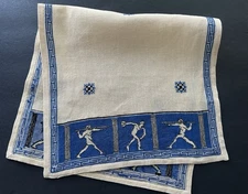 Vintage Hand Stitched Petit Point Table Runner 10X20 Greek Athletic Men Discus
