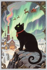 Black Cat Christmas Aurora Borealis & Santa Sleigh New 2025 Postcard UNP 4x6