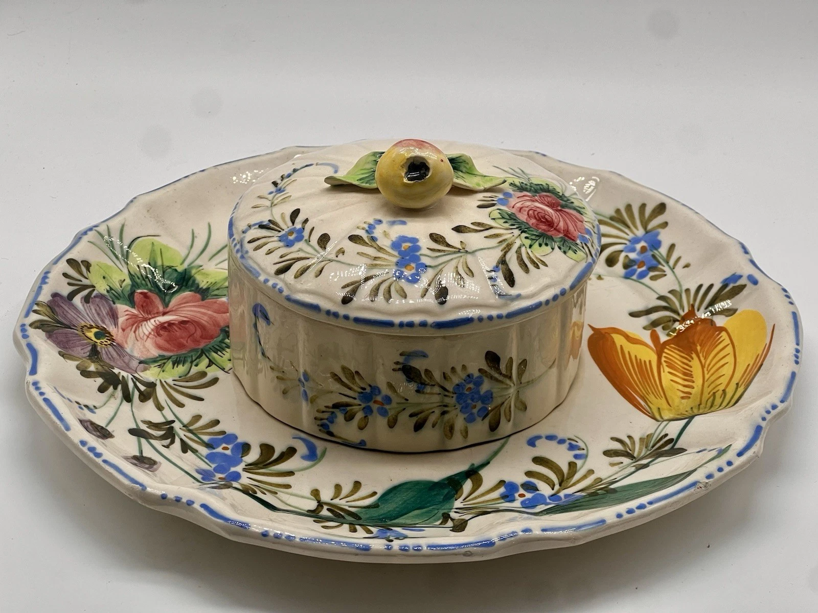 Vintage Italian Hand-Painted Ceramic Butter Dish w/ Plate Floral Covered