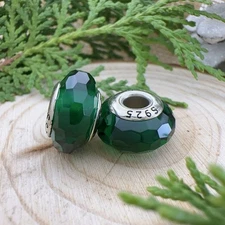 2pcs Authentic Green Faceted Murano Glass Bead 925 Silver Core European Charm