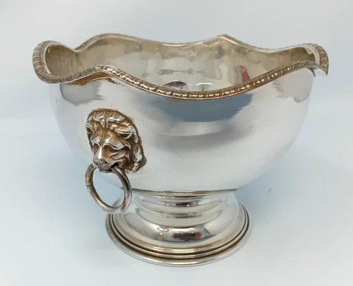 Antique Georgian Style Silver Plated On Copper Pedestal Bowl With Lion Heads #A2