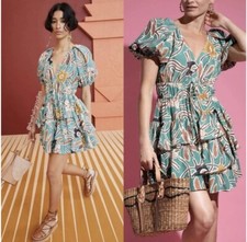 $745 ULLA JOHNSON Farah Dress in Topaz Green Floral Silk Ruffle Mini Sz 6 NEW